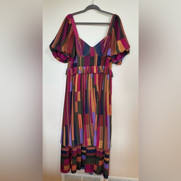 Farm Rio Painted Stripes Blouson-Sleeve Pleated Dress - Size Large - Picture 2 of 16